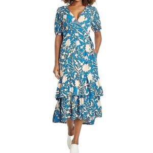 Knox Rose Women's Floral Tiered Midi Wrap Dress Large Blue